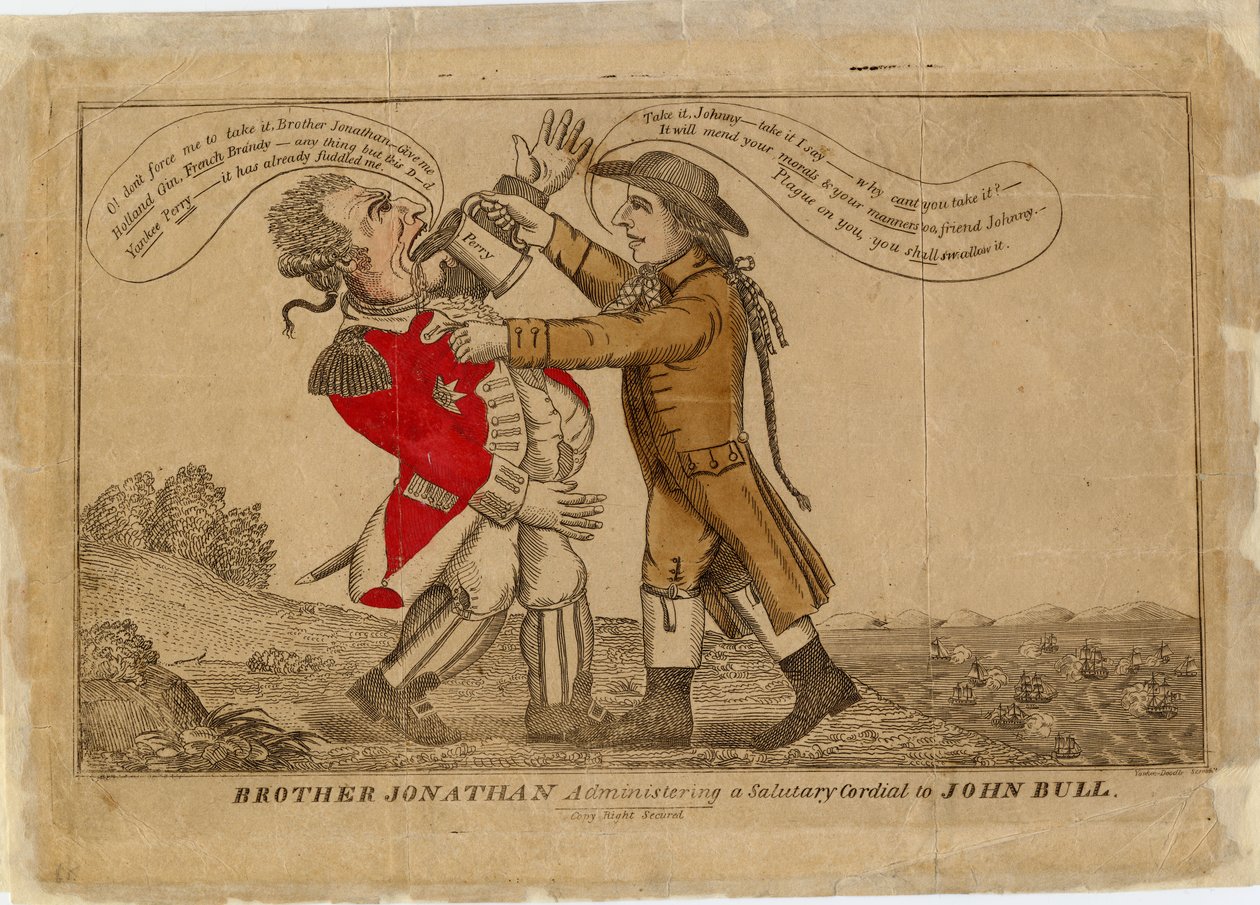 Brat Jonathan udzielający zbawiennego serdeczności Johnowi Bullowi, 1813 (ręcznie barwiony grawerunek) autorstwa American School