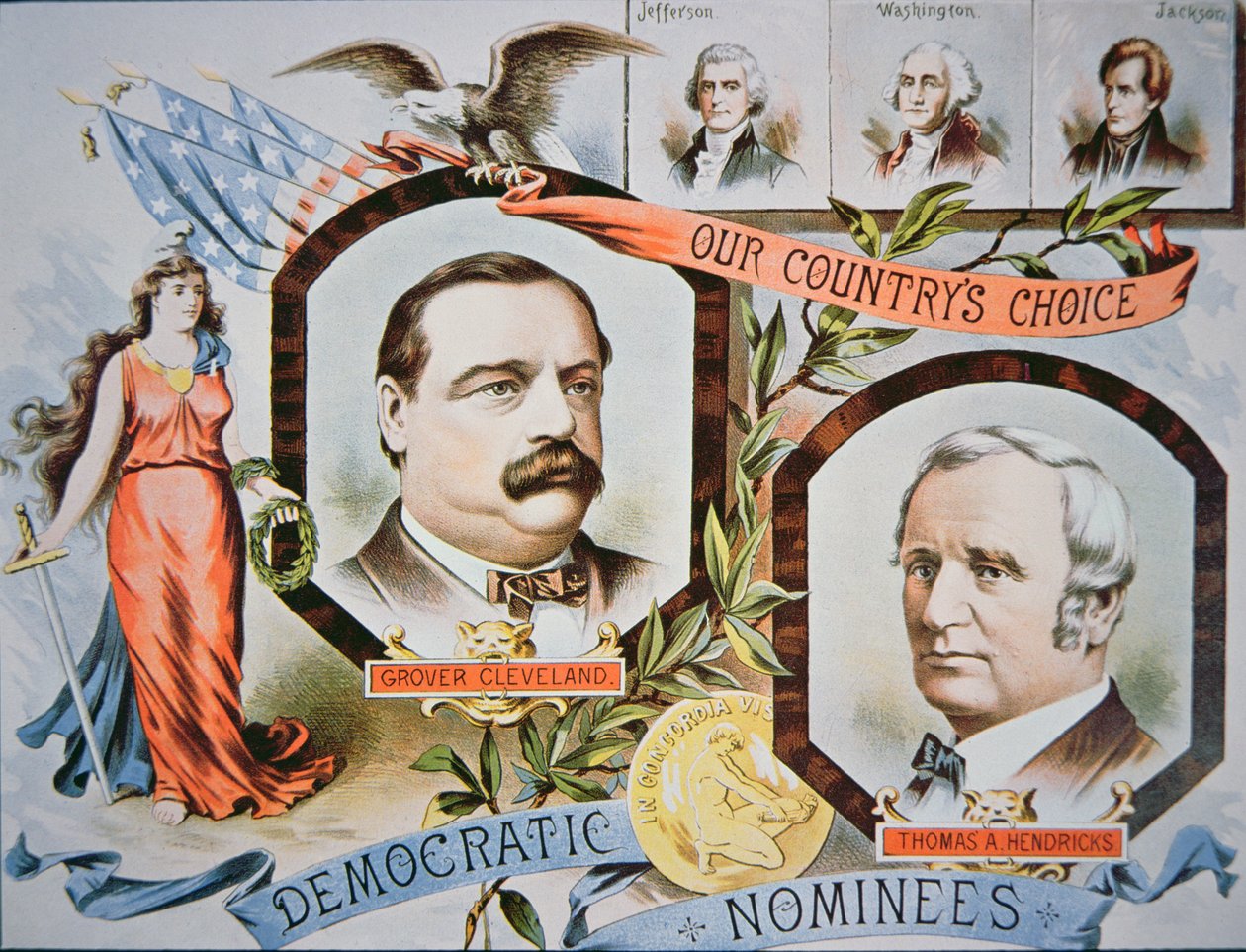 Plakat kampanii dla kandydata na prezydenta Grovera Clevelanda i towarzysza biegnącego, Thomasa A. Hendricksa (1819-85) autorstwa American School