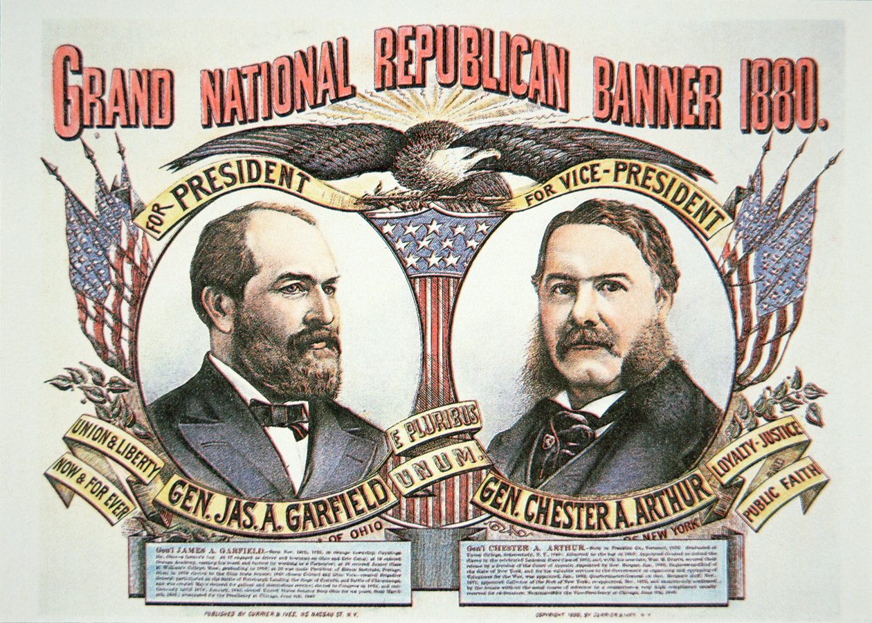 Plakat kampanii dla kandydata na prezydenta Jamesa A. Garfielda (1831-81) i kolegi, Chestera A. Arthura (1829-86) 1880 (kolor lito) autorstwa American School