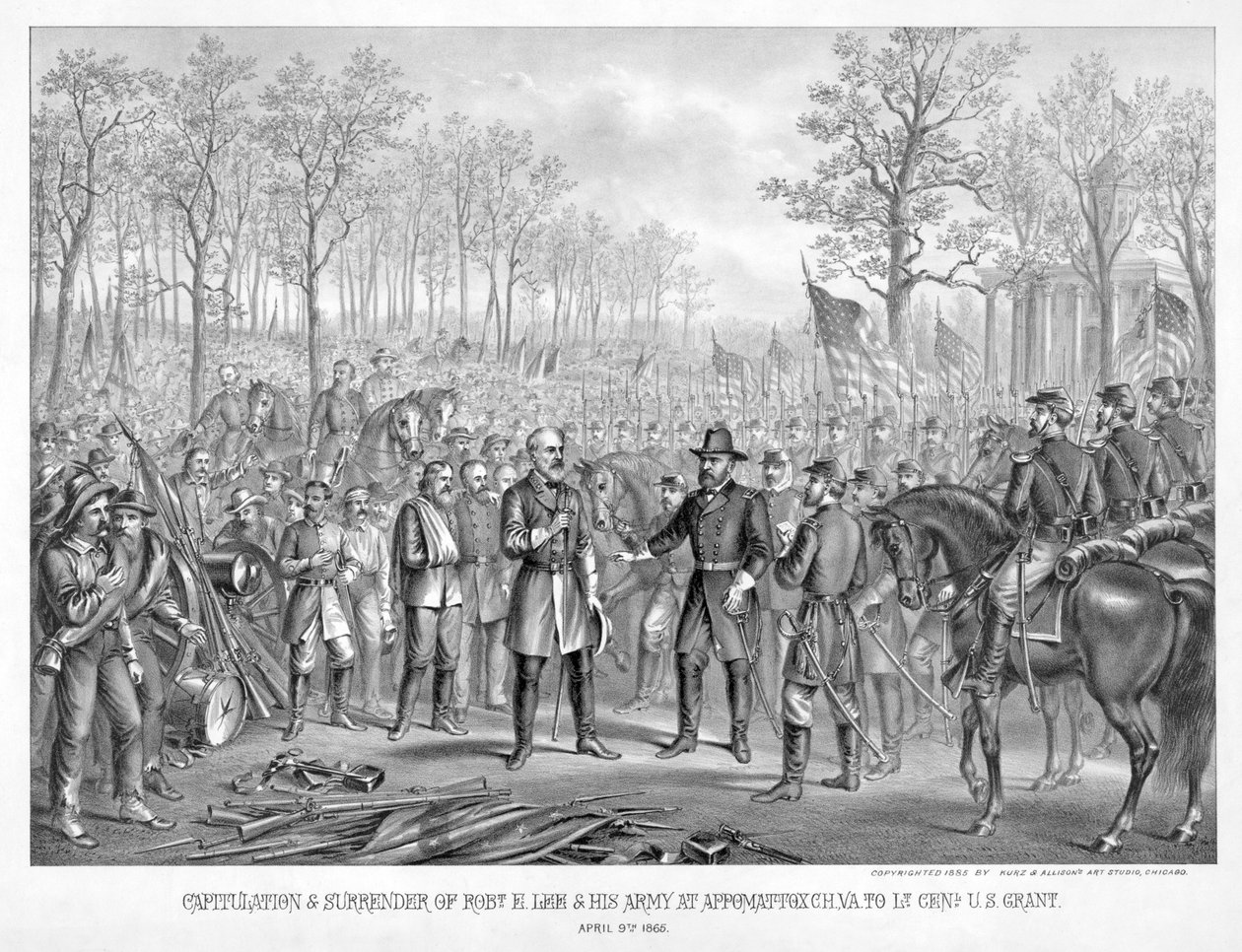 Kapitulacja i kapitulacja Roberta. E. Lee & His Army w Appomattox Chi., Wirginia do gen. porucznika US Grant, 9 kwietnia 1865, wyd. 1885 (grawerowanie) autorstwa American School
