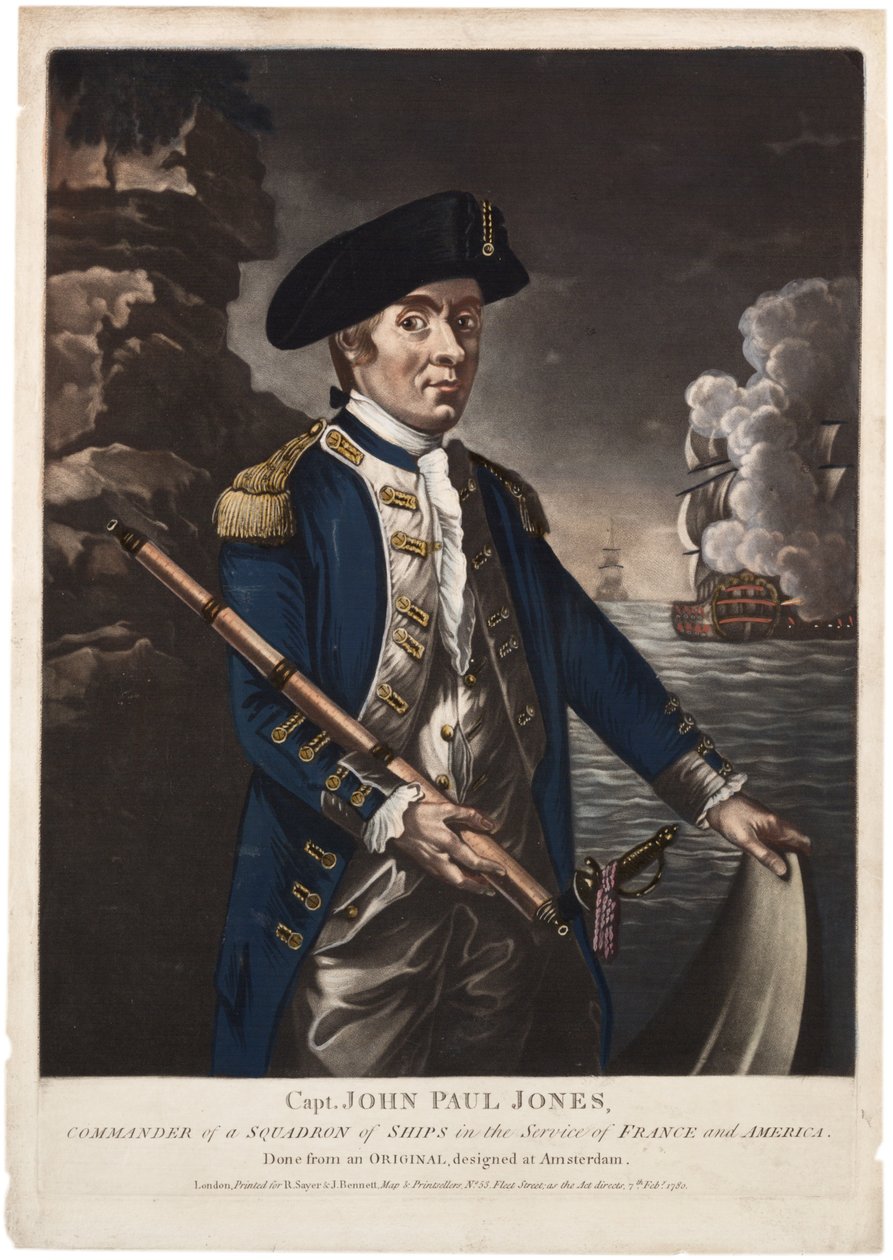 Kapitan John Paul Jones, dowódca eskadry okrętów w służbie Francji i Ameryki, 1780 (ręcznie kolorowana mezzotinta) autorstwa American School