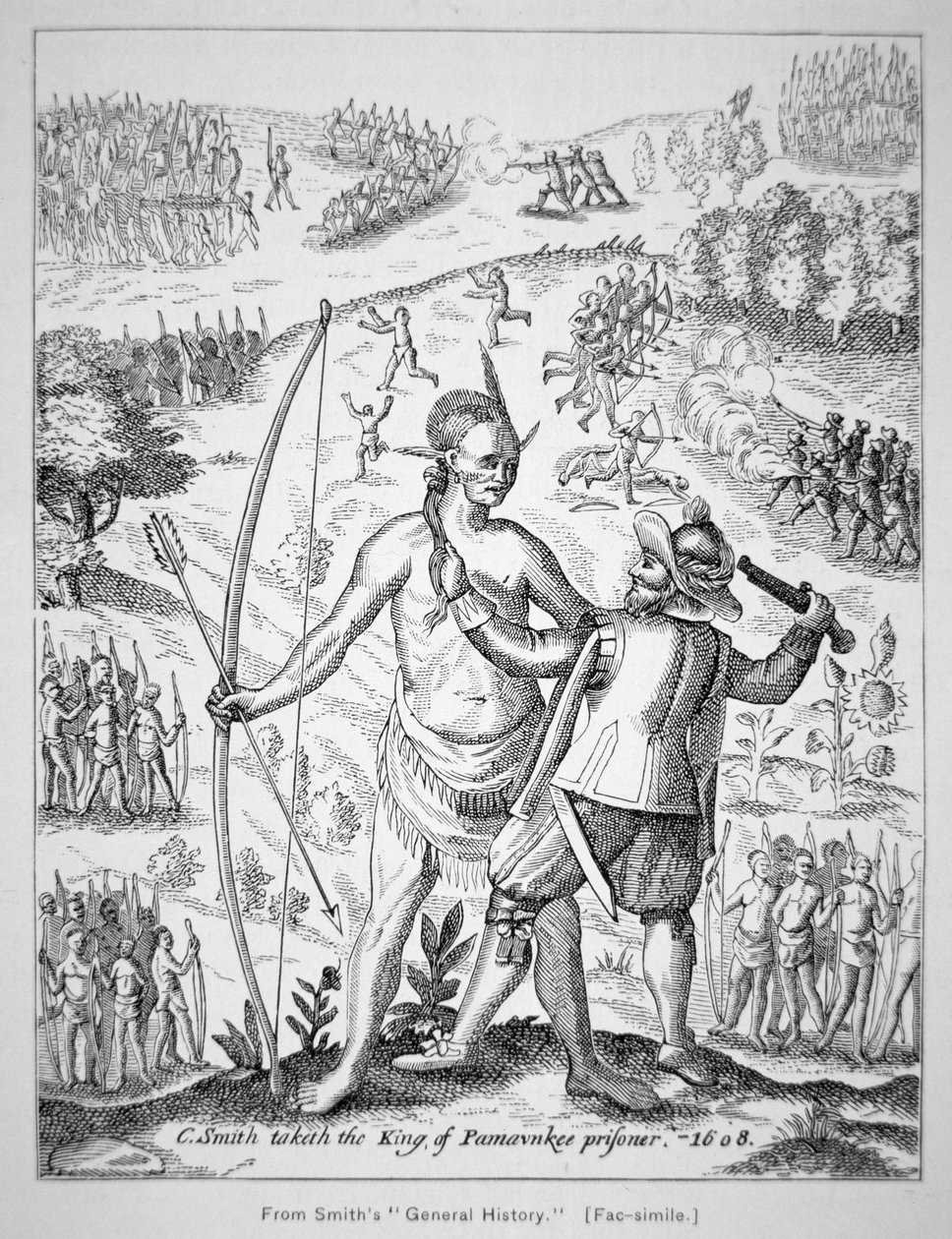 Kapitan John Smith (1580-1631) chwytający wodza Indian w 1608 r., z „Generall Historie of Virginia, New England & the Summer Isles” Smitha autorstwa American School