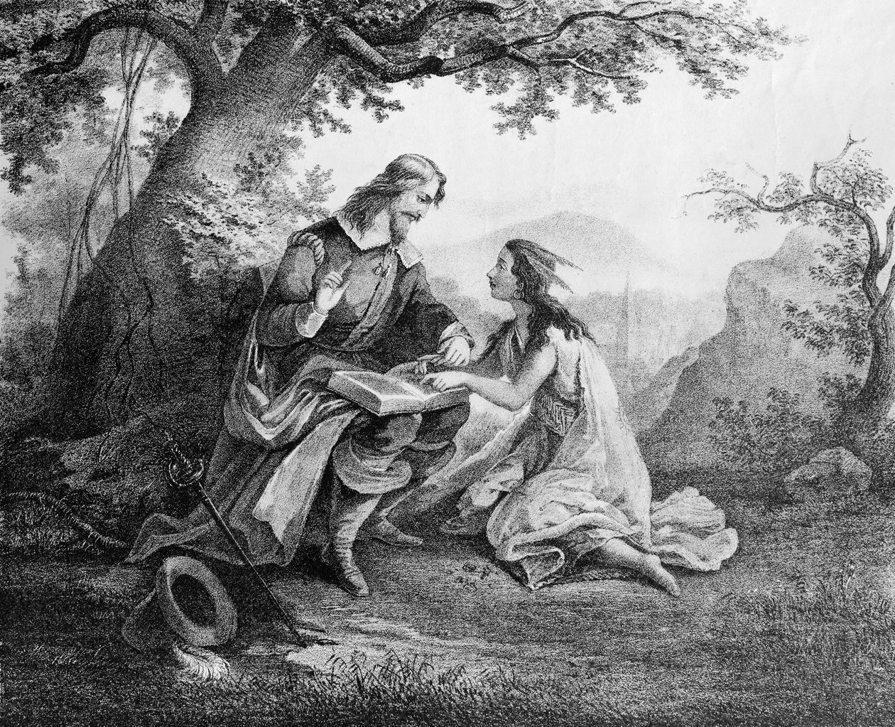 Kapitan John Smith (1580-1631) uczy Pocohontas (ok. 1595-1617) czytać autorstwa American School