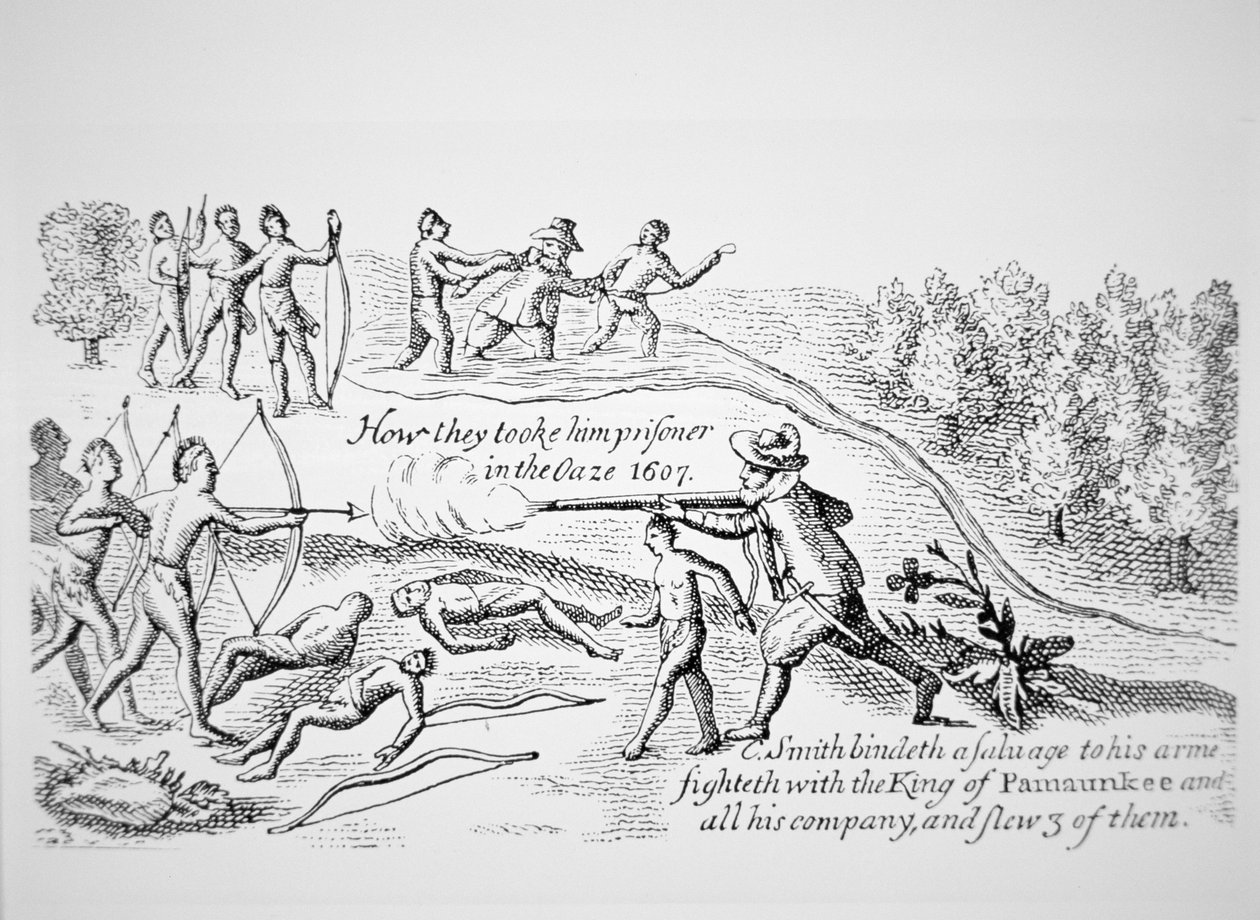 Kapitan John Smith wzięty do niewoli przez Indian, z Generall History of Virginia, New England & the Summer Isles. autorstwa American School