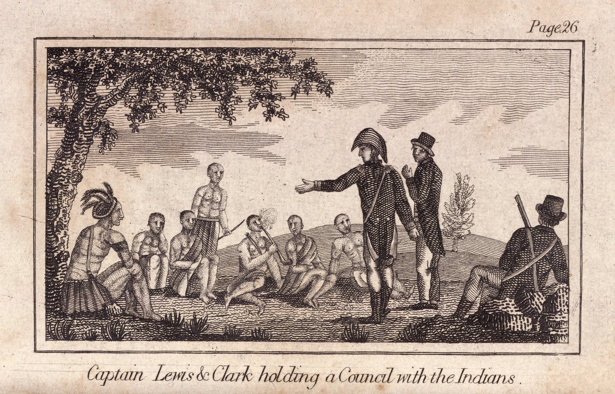 Kapitan Lewis i Clarke na naradzie z Indianami, wyd. 1812 (grawerowanie) autorstwa American School