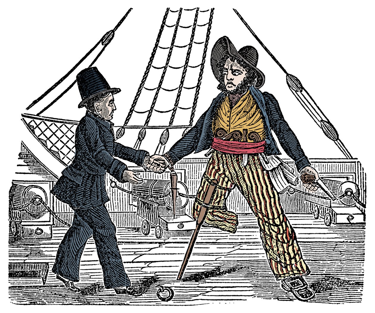 Kapitan Mackra i pirat mają drewnianą nogę Grawer z „Księgi własnej piratów” XIX w. autorstwa American School