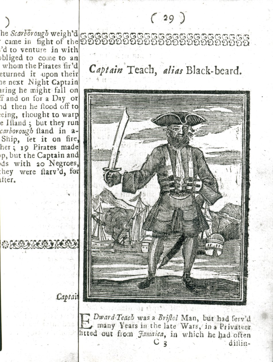 Kapitan Teach, Alias Black Beard, z Historii i życia wszystkich najbardziej znanych piratów i ich załóg, Londyn, 1725 autorstwa American School