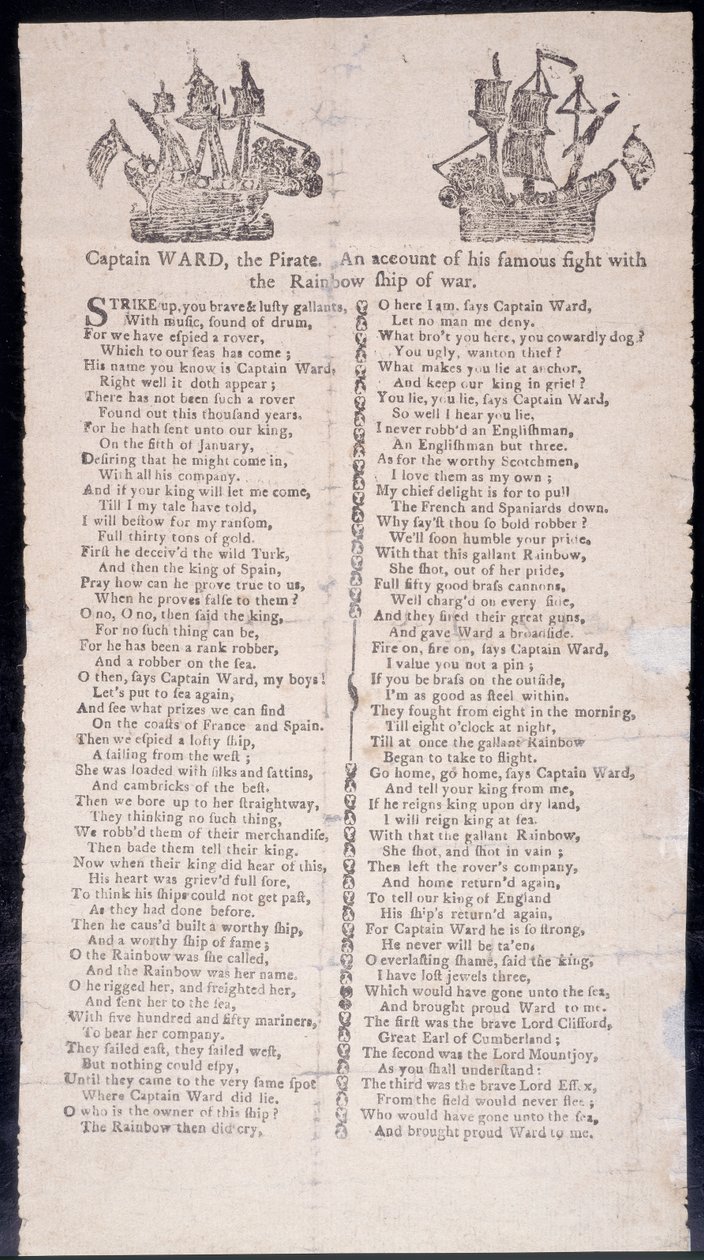 Bitwa kapitana Wards ze statkiem wojennym Rainbow, druk burtowy 1775 (druk) autorstwa American School