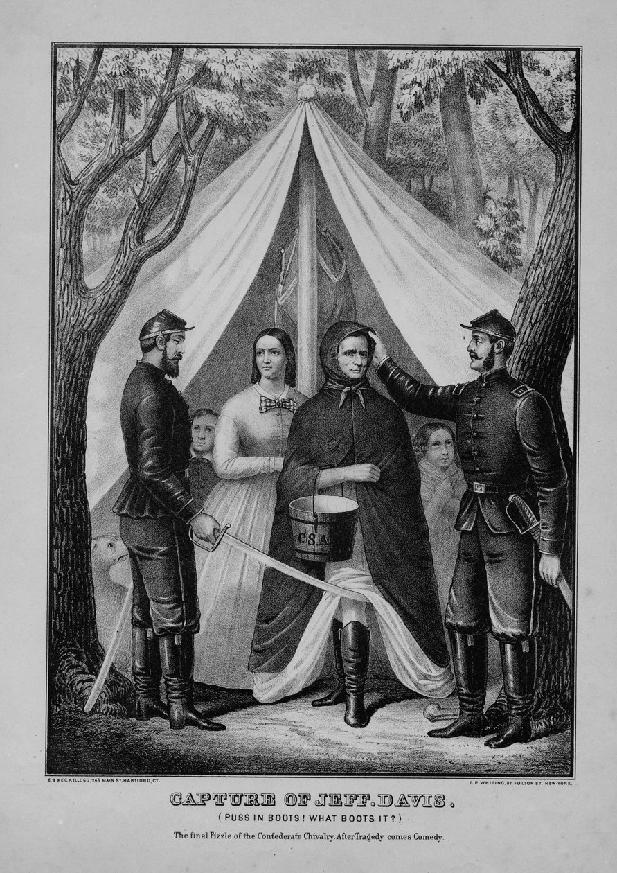 Schwytanie Jeffa. Davis (Kot w butach! Co to napędza?): ostatni finisz konfederackiej rycerskości: po tragedii przychodzi komedia, wydana przez E.B. i E.C. Kellogg, Hartford i F.P. Whiting, Nowy Jork autorstwa American School