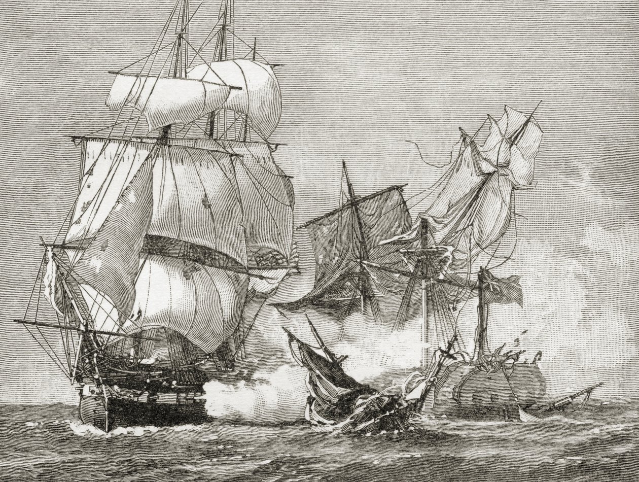 Zdobycie Guerriere przez konstytucję z 19 sierpnia 1812 r., z „Krótkiej historii Stanów Zjednoczonych”, opublikowanej przez A. S. Barnes und Co. w 1885 r. autorstwa American School