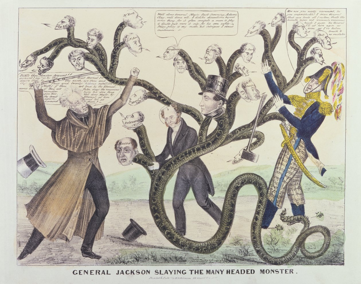 Karykatura generała Jacksona (1767-1845) Slaying the Many Headed Monster, opublikowana przez H.R. Robinsona, ok. 1836 (pióro i atrament, ołówek i toaleta na papierze) autorstwa American School