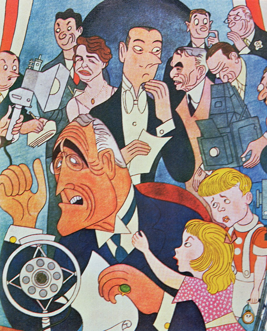 Komiksowy komentarz do ogólnokrajowych audycji radiowych „Rozmowy przy kominku” prezydenta Roosevelta (kolorowa litografia) autorstwa American School