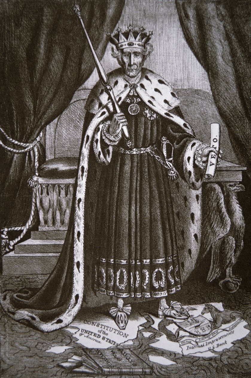 Karykatura przedstawiająca generała Andrew Jacksona jako „Króla Andrzeja Pierwszego” autorstwa American School