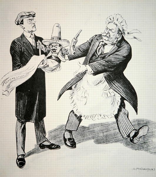 Karykatura przedstawiająca prezydenta Williama H. Tafta (1857-1930) przekazującego problematyczną „sytuację meksykańską” swojemu następcy prezydentowi Woodrowowi Wilsonowi (1856-1924) 1913 (lito) autorstwa American School