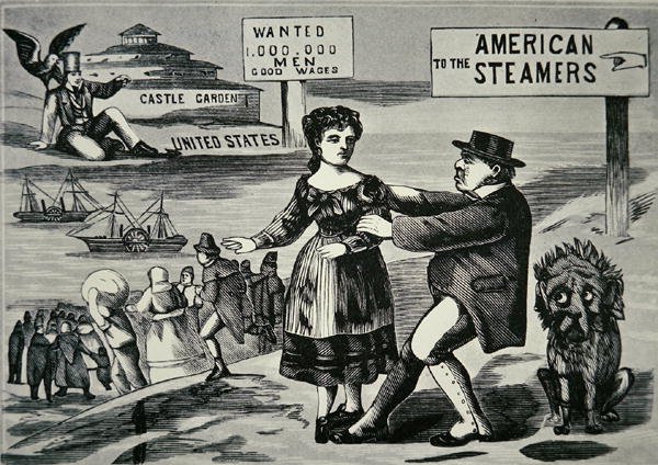 Karykatura przedstawiająca Johna Bulla próbującego powstrzymać rosnący napływ pracowników do USA, ok. 1850 (rycina) autorstwa American School