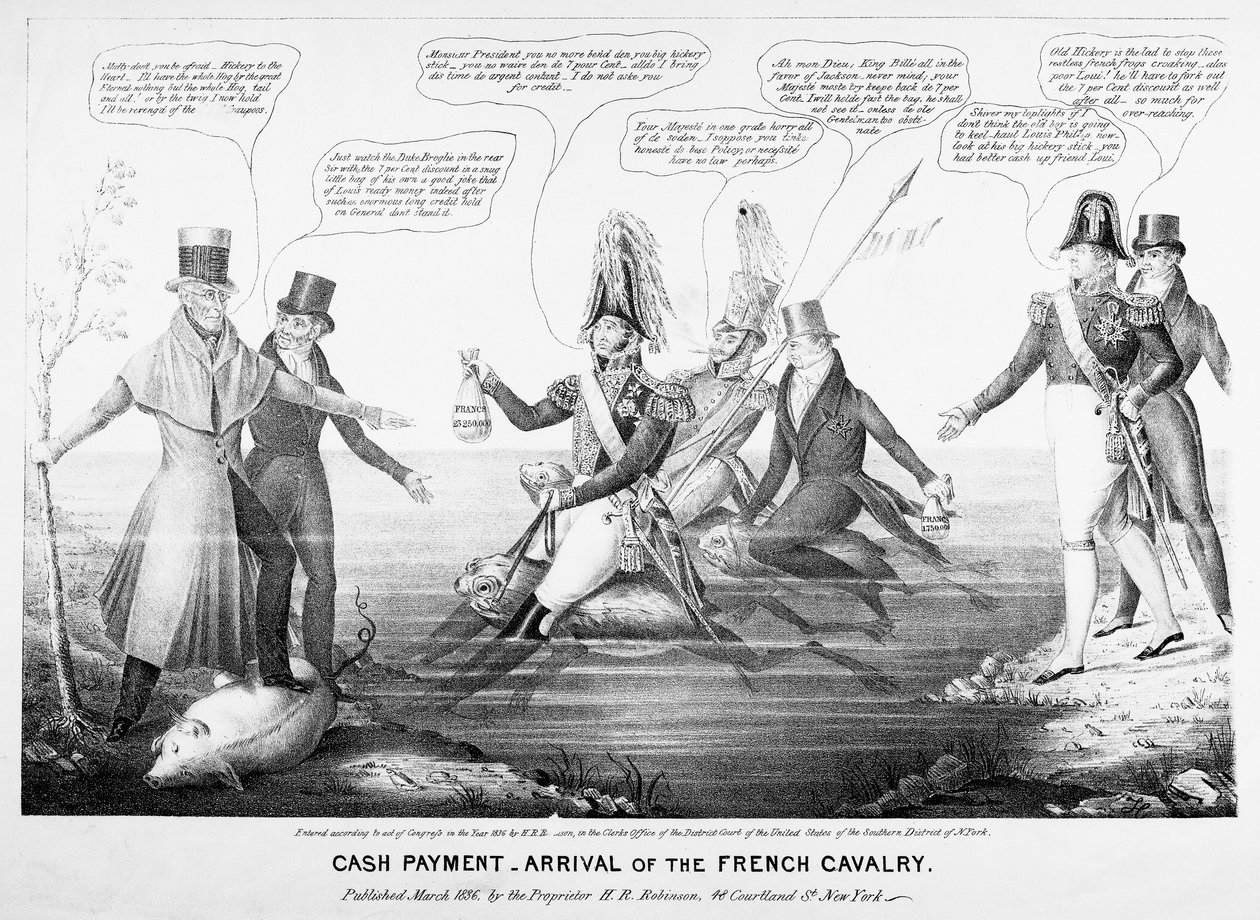 Płatność gotówkowa - Przybycie francuskiej kawalerii, opublikowane przez HR Robinsona, Nowy Jork, 1836 (wyryte) autorstwa American School