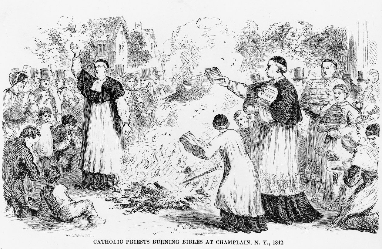 Księża katoliccy palący Biblie w Champlain, Nowy Jork, ilustracja z antykatolickiej broszury, 1842 autorstwa American School