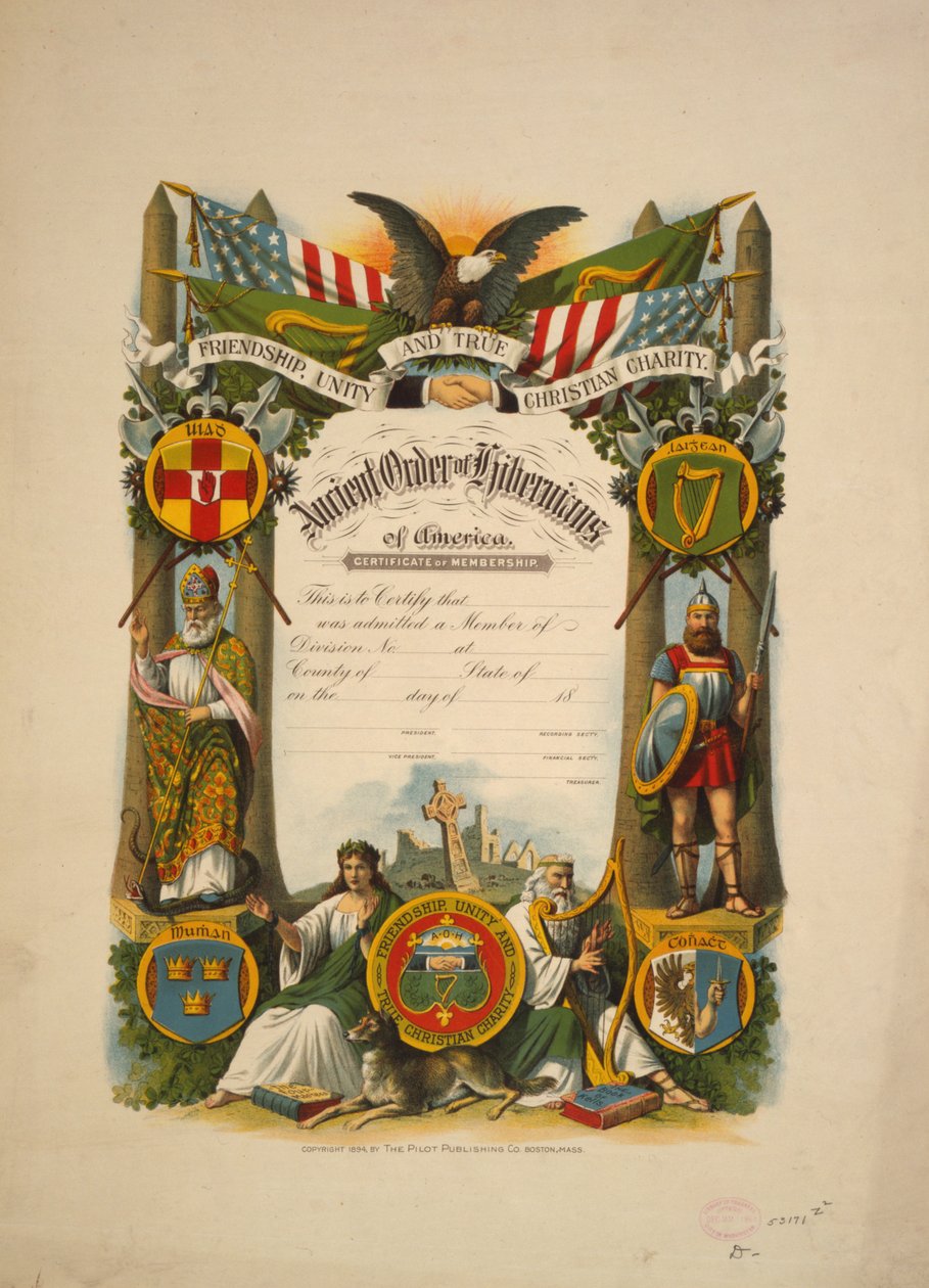 Certyfikat przynależności do Starożytnego Zakonu Hibernianów Ameryki, ok. 1894 (litografia kolorowa) autorstwa American School