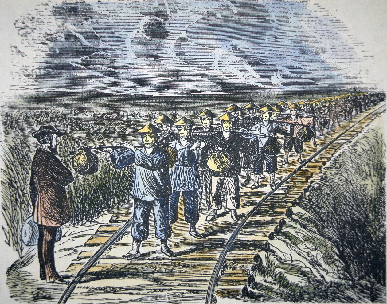 Charles Crocker (1822-88) i jego chińscy pracownicy budujący Central Pacific Railroad, ukończony 1869 (kolor lito) autorstwa American School