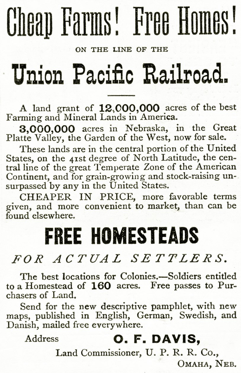 Tanie farmy i wolne domy na linii Union Pacific Railroad, ogłoszenie z Appletons Journal, 4 maja 1872 r. autorstwa American School