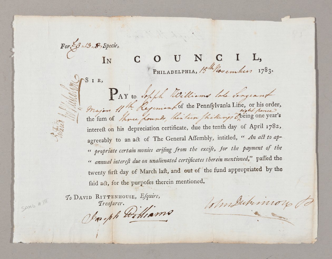 Czek na trzy funty i trzynaście szylingów dla Josepha Williamsa, 13 listopada 1783 autorstwa American School