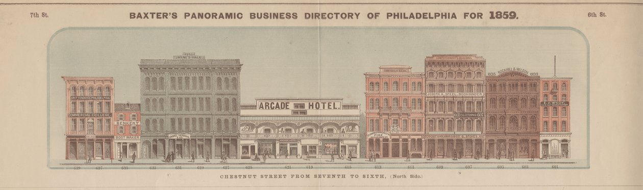 Chestnut Street od siódmej do szóstej (North Side), ilustracja z „Panoramicznego katalogu biznesowego firmy Baxter w Filadelfii” autorstwa American School