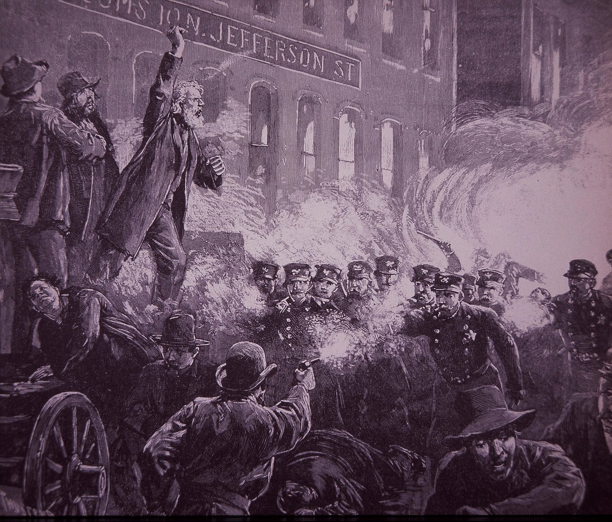 Chicago Haymarket Pracy Riot z 1886 roku, grawerowanie opublikowane w tygodniku Harpera autorstwa American School