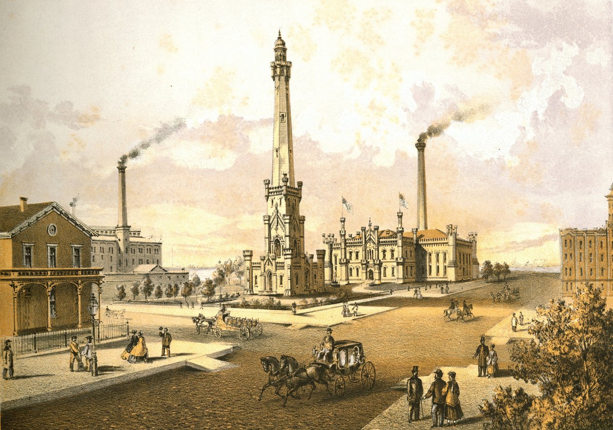 Chicago Water Works, z Chicago Illustrated, z opisami literackimi Jamesa W. Sheahana, wydane przez Jevne & Almini, Chicago, 1866-67 autorstwa American School