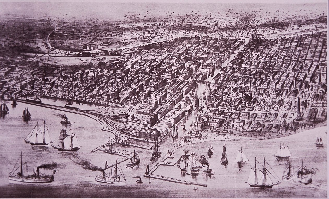 Chicago przed Wielkim Pożarem 1871, c.1870 (lito) autorstwa American School