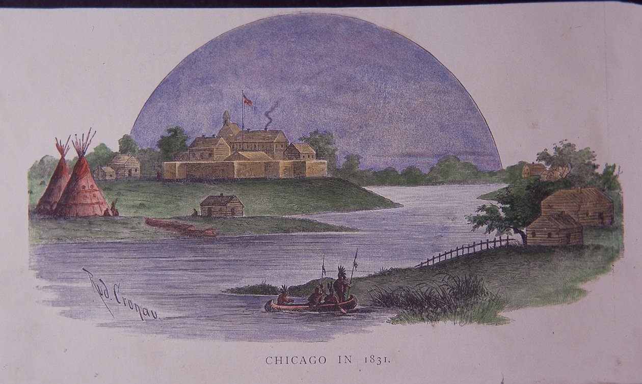 Chicago w 1831, koniec XIX wieku (kolorowy grawerunek) autorstwa American School