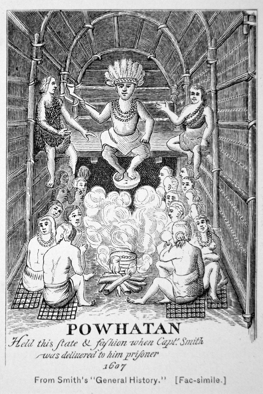Wódz Powhatan, gdy pojawił się w 1607 roku, z „Generall Historie of Virginia, New England & the Summer Isles” Smitha autorstwa American School