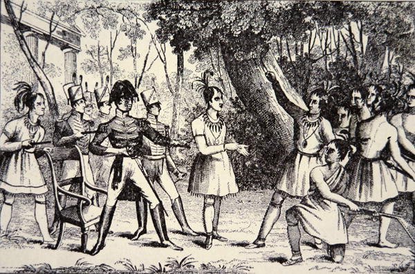 Chief Tecumseh (1768-1813) przeciwstawiający się generałowi Harrisonowi (1773-1841) (grawerowanie) autorstwa American School