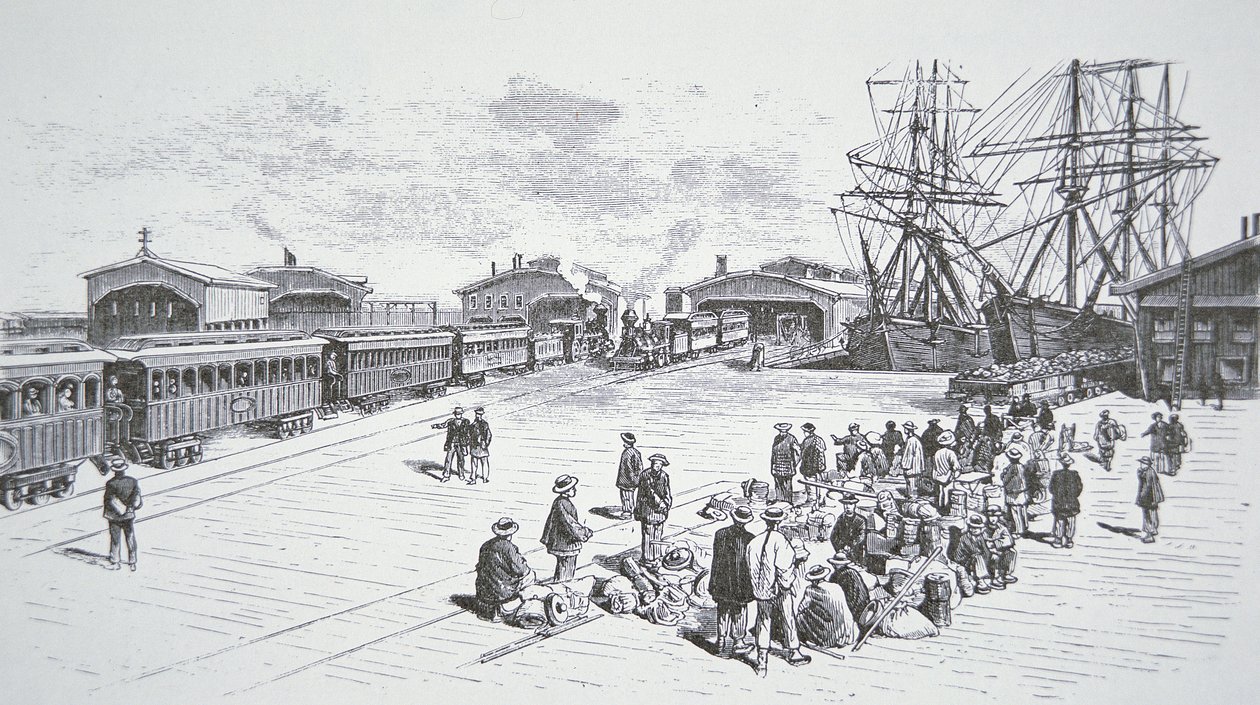 Chińscy imigranci lub "Coolies" przybywający do San Francisco do pracy przy budowie kolei transkontynentalnej w latach 60. XIX wieku (lito) autorstwa American School