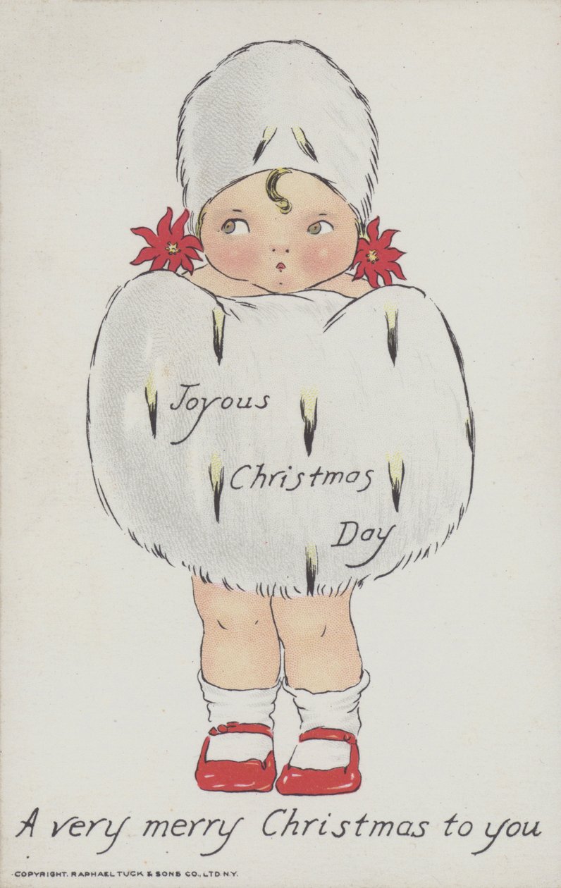 Świąteczna kartka z życzeniami przedstawiająca dziecko w świątecznej futrzanej mufce i czapce. (chromolitho) autorstwa American School
