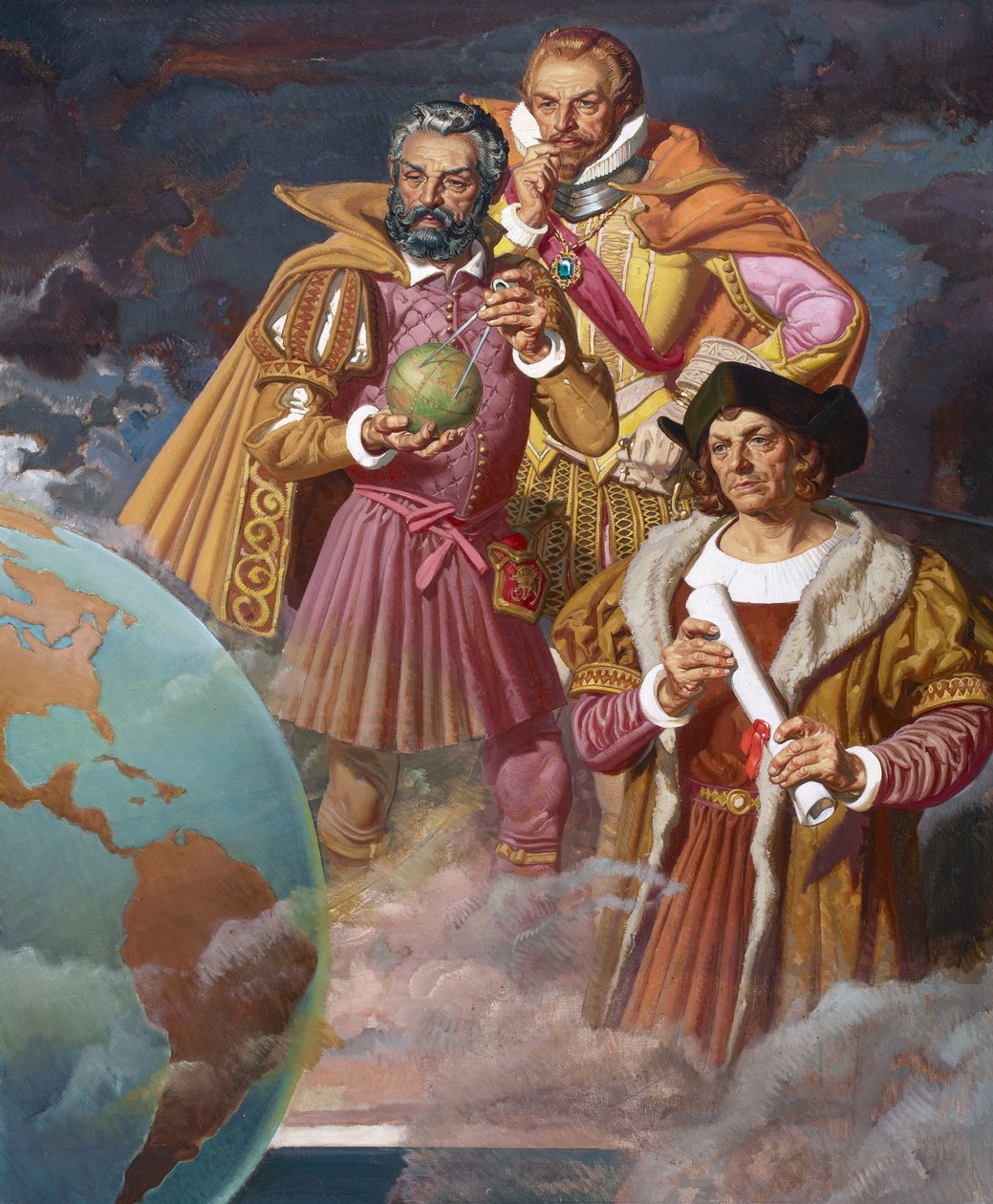 Krzysztof Kolumb, Ferdynand Magellan i Vasco de Gama, ok. 1940 r. (kolorowa litografia) autorstwa American School