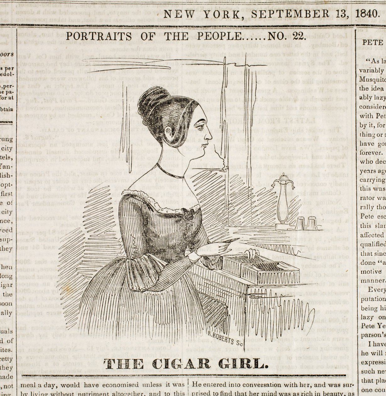 Cigar Girl, pierwsza strona „New York Sunday Atlas”, 13 września 1840 r autorstwa American School