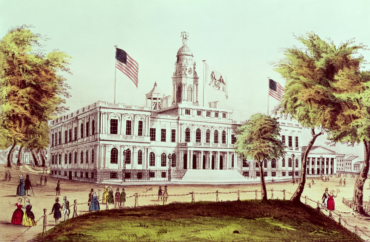 Ratusz w Nowym Jorku, grawerowane przez Nathaniela Curriera (1813-88) autorstwa American School