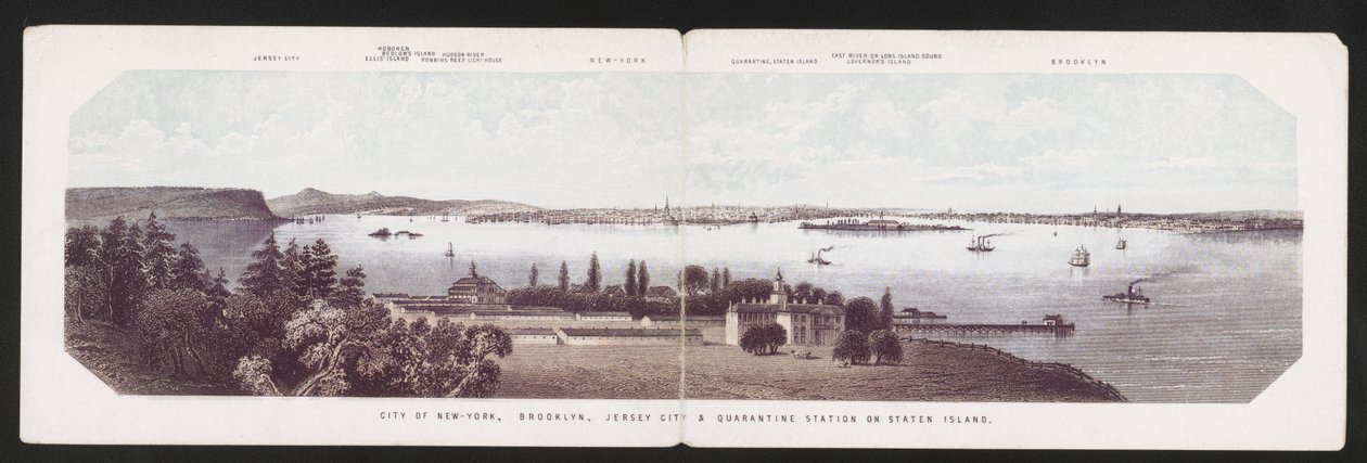 Miasto Nowy Jork, Brooklyn, Jersey City i stacja kwarantanny na Staten Island, ok. 1850 (kolor lito) autorstwa American School