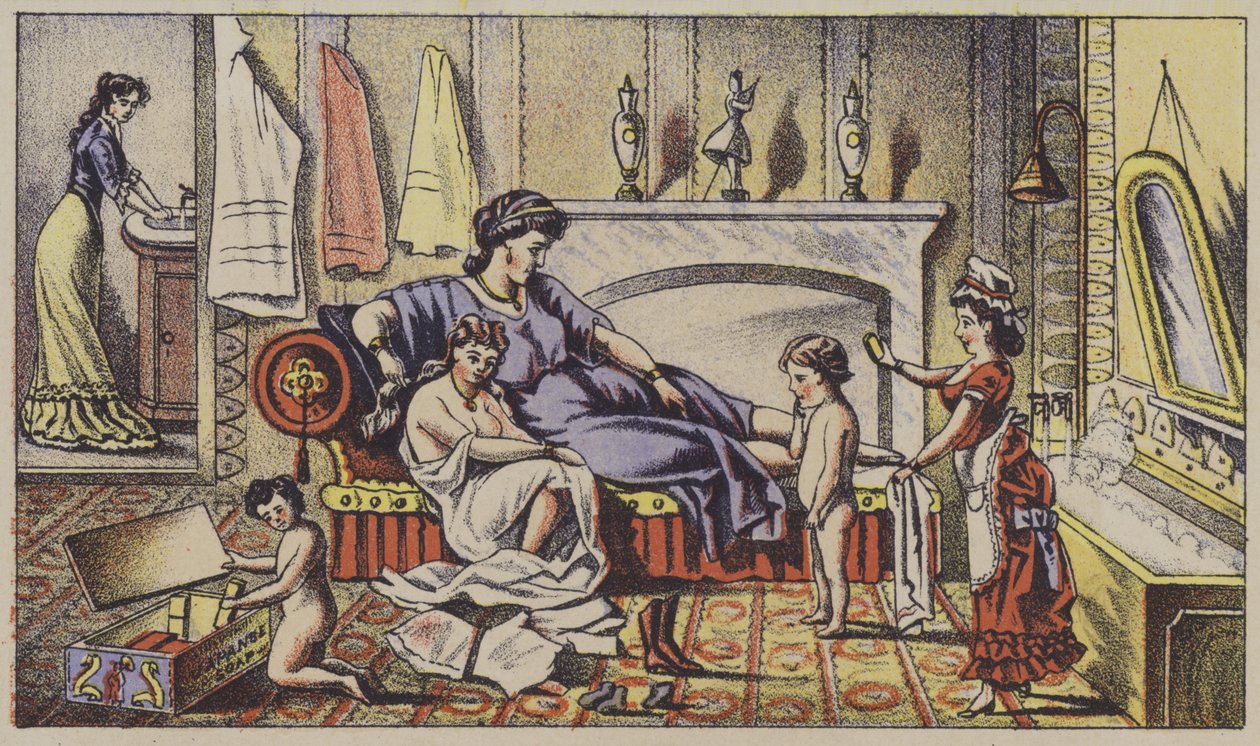 Klasyczne postacie w nowoczesnym domu, reklama mydła (chromolitho) autorstwa American School