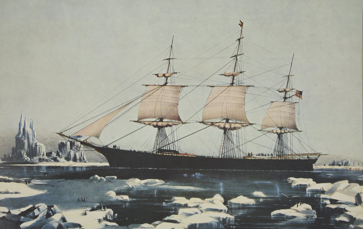 Clipper Ship, Red Jacket - W lodzie u wybrzeży Przylądka Horn, w drodze z Australii do Liverpoolu, sierpień 1854, wyd. 1855, Kurier i Ives autorstwa American School