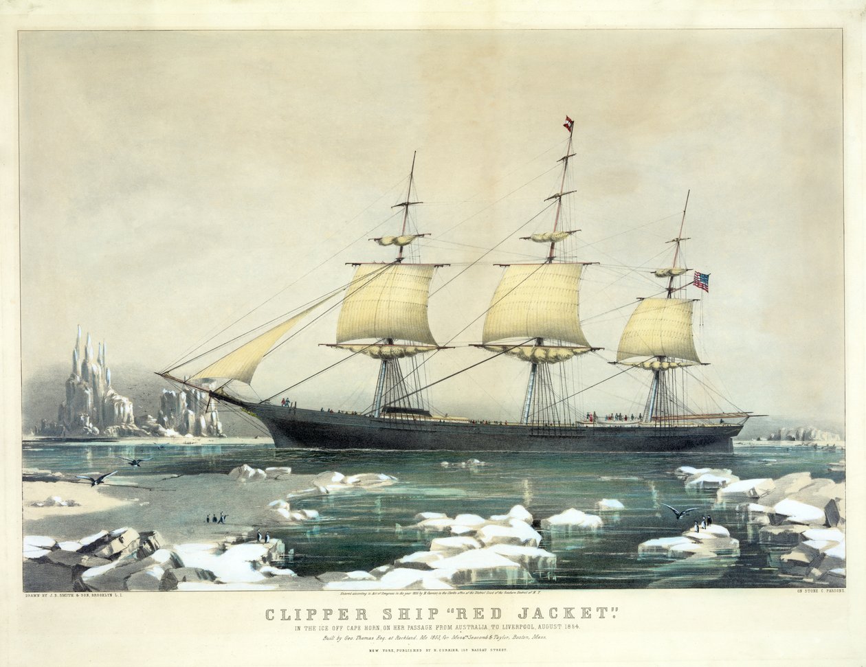 Kliperowiec Red Jacket w lodzie u przylądka Horn, podczas rejsu z Australii do Liverpoolu, sierpień 1854, pub. N. Currier, 1855 r. autorstwa American School