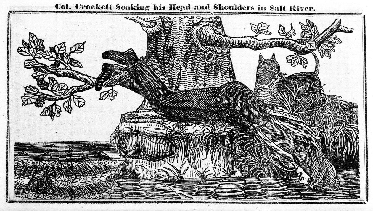 Pułkownik Davy Crockett mocząc głowę i ramiona w Salt River, z Crocketts Almanac, 1837 (druk gazetowy) autorstwa American School