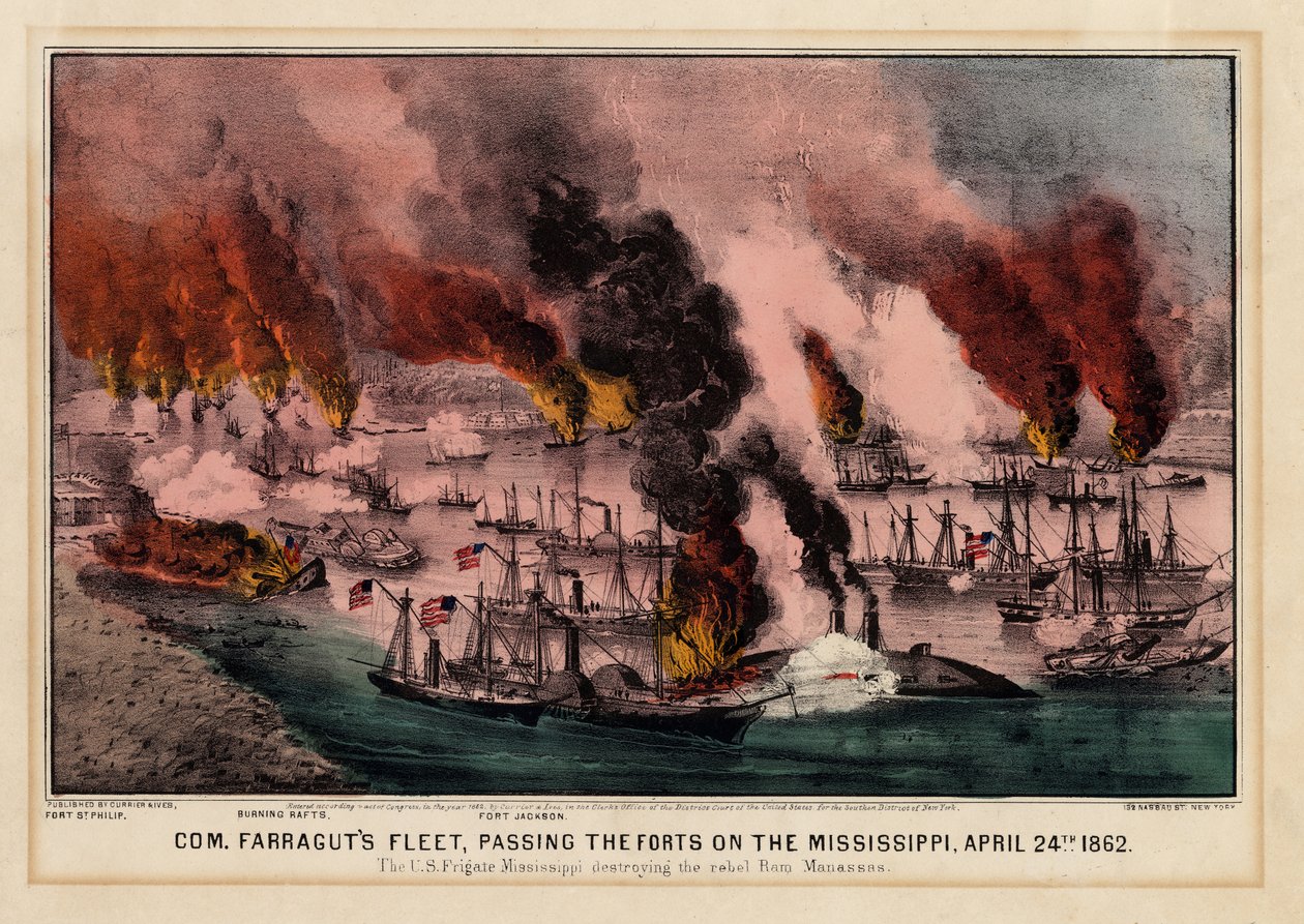 Kom. Flota Farraguts, mijając forty na Missisipi, 24 kwietnia 1862, wyd. autorstwa Currier i Ives, 1862 autorstwa American School