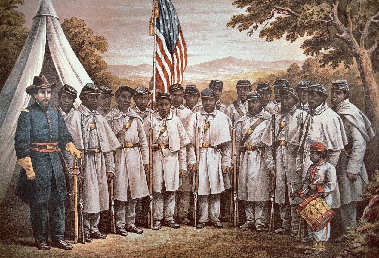 „Come and Join Us Brothers”, plakat rekrutacyjny Unii skierowany do czarnoskórych wolontariuszy (kolor lito) autorstwa American School