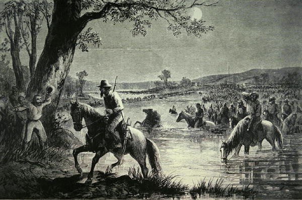 Armia Konfederacji przekraczająca Brody na rzece Potomac podczas inwazji na Maryland w 1862 roku (lito) autorstwa American School
