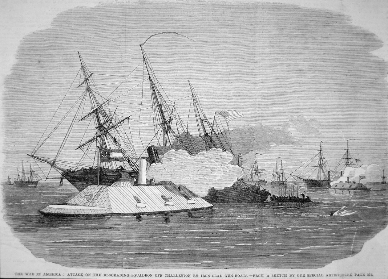Konfederackie pancerniki atakują federalną eskadrę blokady Charleston, 4 kwietnia 1863 r. (lito) autorstwa American School