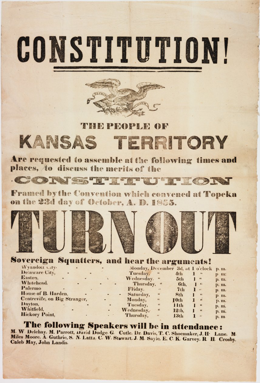 Konstytucja! Mieszkańcy Terytorium Kansas są proszeni o zebranie się..., wydrukowane przez E. C. K. Garvey & Co., ok. 23 października 1855 autorstwa American School