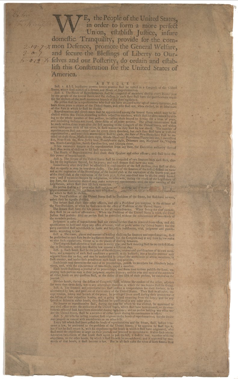 Konstytucja, pierwszy druk, wydrukowana przez Dunlap & Claypoole, 17-19 września 1787 (patrz GLC 695934 na stronie 2) autorstwa American School