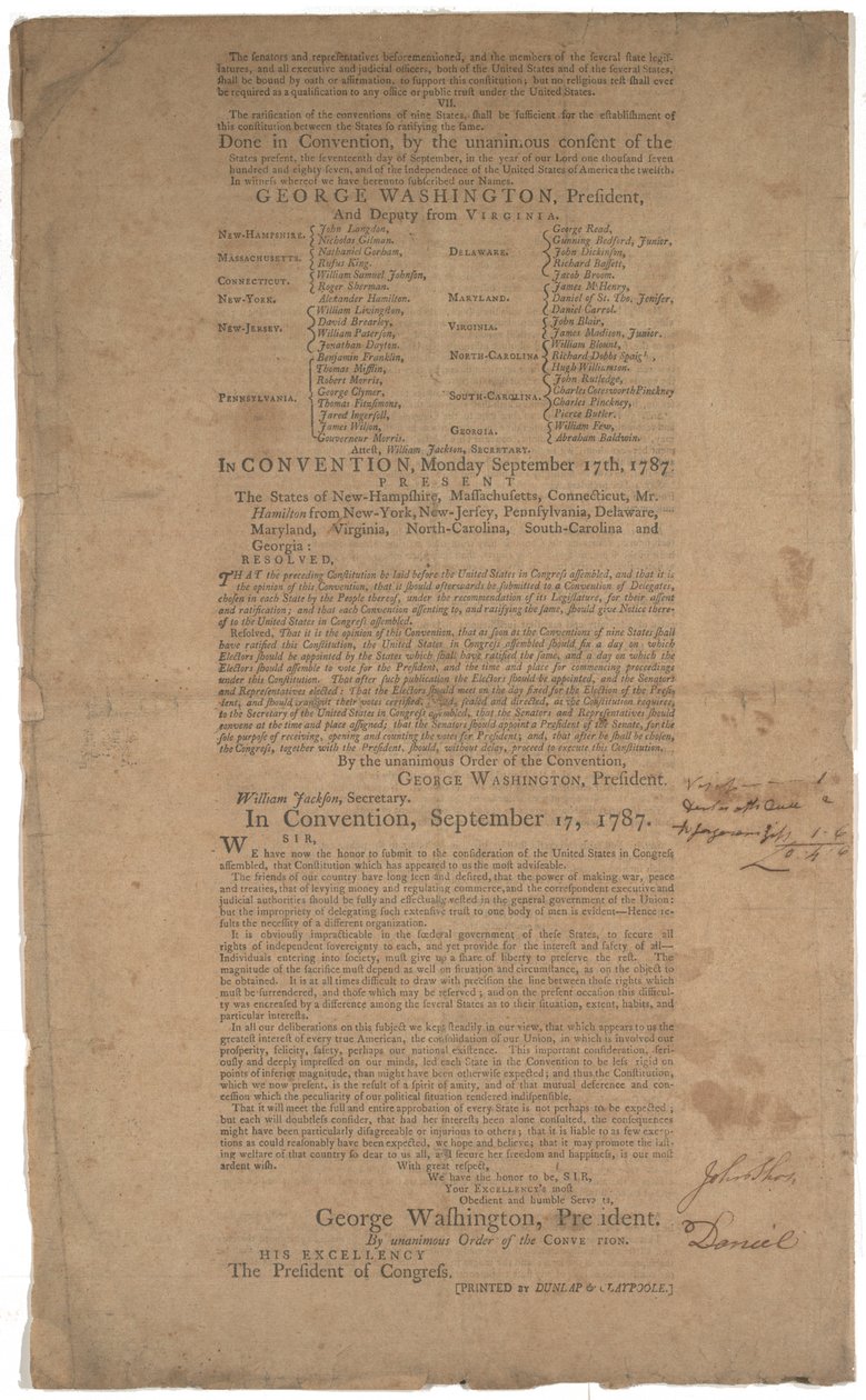 Konstytucja, pierwszy druk, wydrukowana przez Dunlap & Claypoole, 17-19 września 1787 (patrz także GLC 695933, GLC 695934 i GLC 695935) autorstwa American School