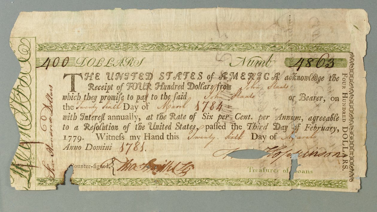 Certyfikat Kontynentalnego Biura Pożyczkowego nr 4863 podpisany przez skarbnika Francisa Hopkinsona, 26 marca 1781 r. autorstwa American School